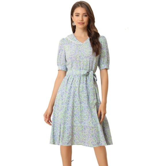 DARING DIVA Peter Pan Collar A-Line Flowy Midi Chiffon Floral Dress L White Floral