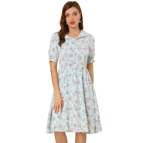 DARING DIVA Peter Pan Collar A-Line Flowy Midi Chiffon Floral Dress M Blue