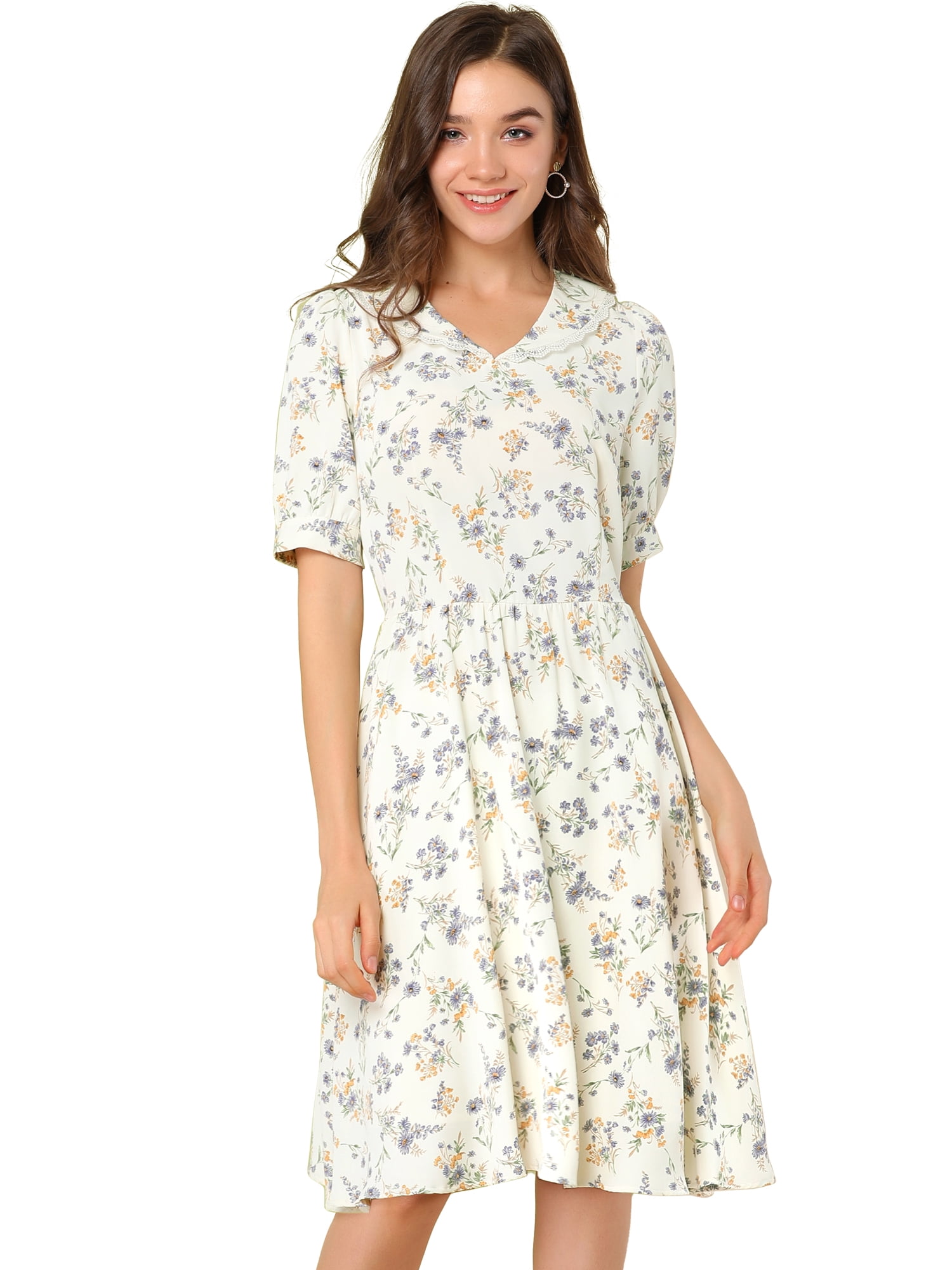 DARING DIVA Peter Pan Collar A-Line Flowy Midi Chiffon Floral Dress M White