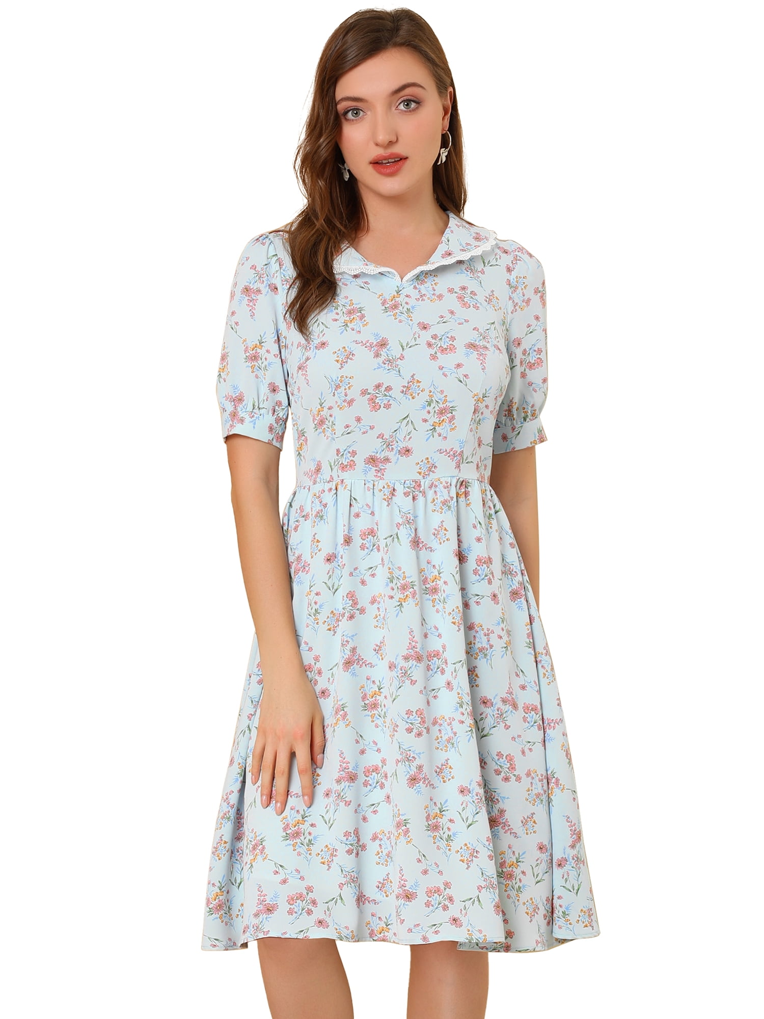 DARING DIVA Peter Pan Collar A-Line Flowy Midi Chiffon Floral Dress S Blue