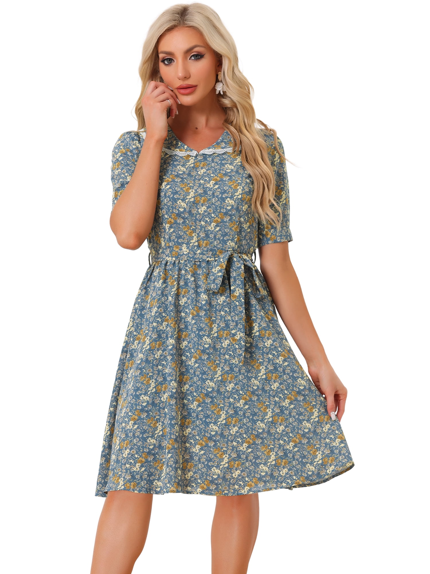 chiffon peter pan collar dress Fengqque Girls Peter Pan Collar Dress Ruffle Cap Sleeve Elastic Waist A-Line Casual School Vacation Summer Chiffon Sundress Yellow 7-8 Years, Infant