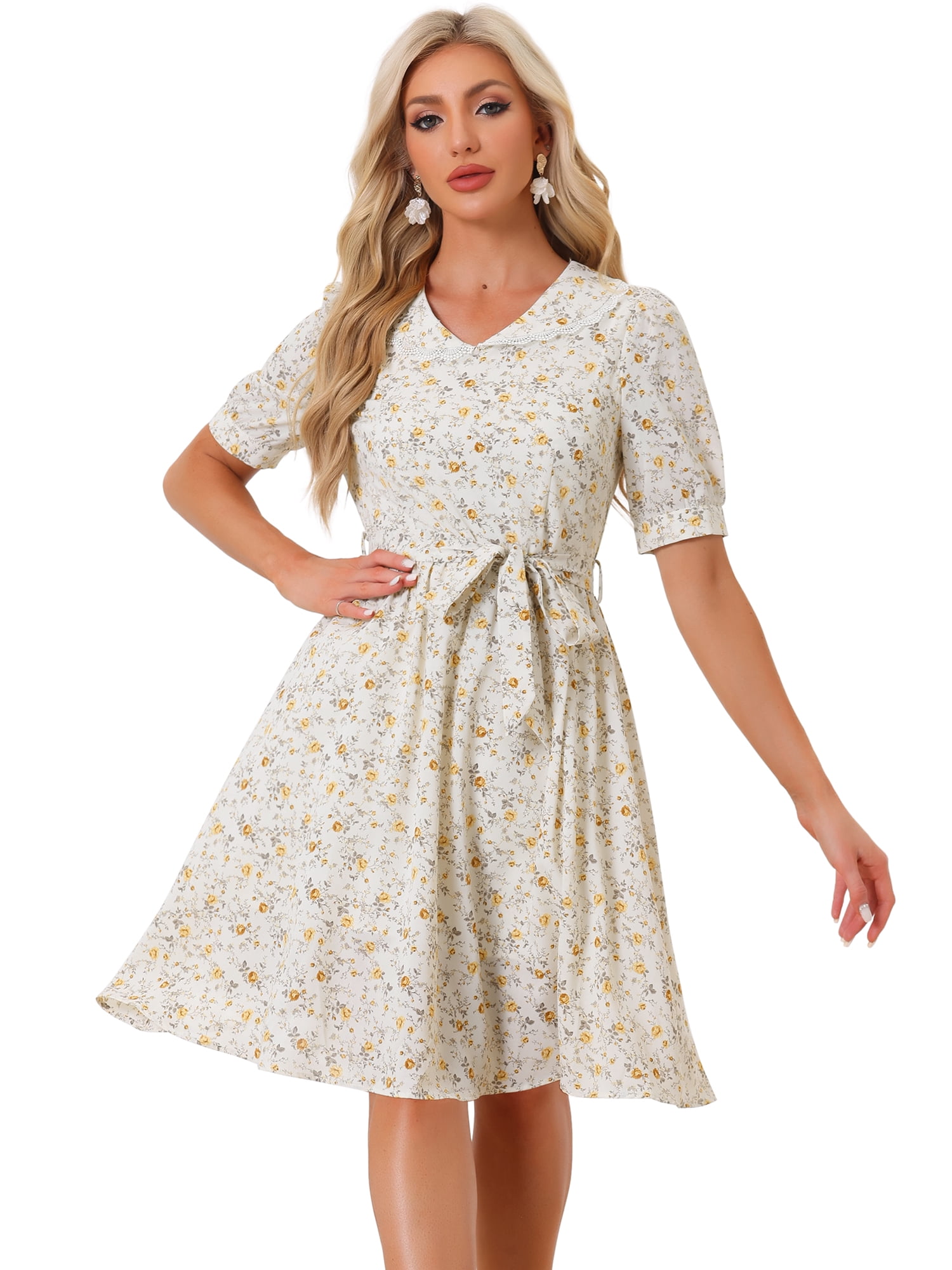 DARING DIVA Peter Pan Collar A-Line Flowy Midi Chiffon Floral Dress S Light Yellow