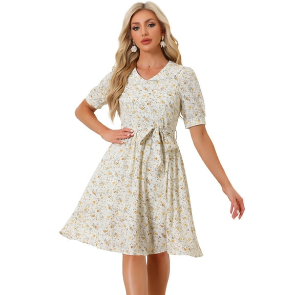 DARING DIVA Peter Pan Collar A-Line Flowy Midi Chiffon Floral Dress S Light Yellow