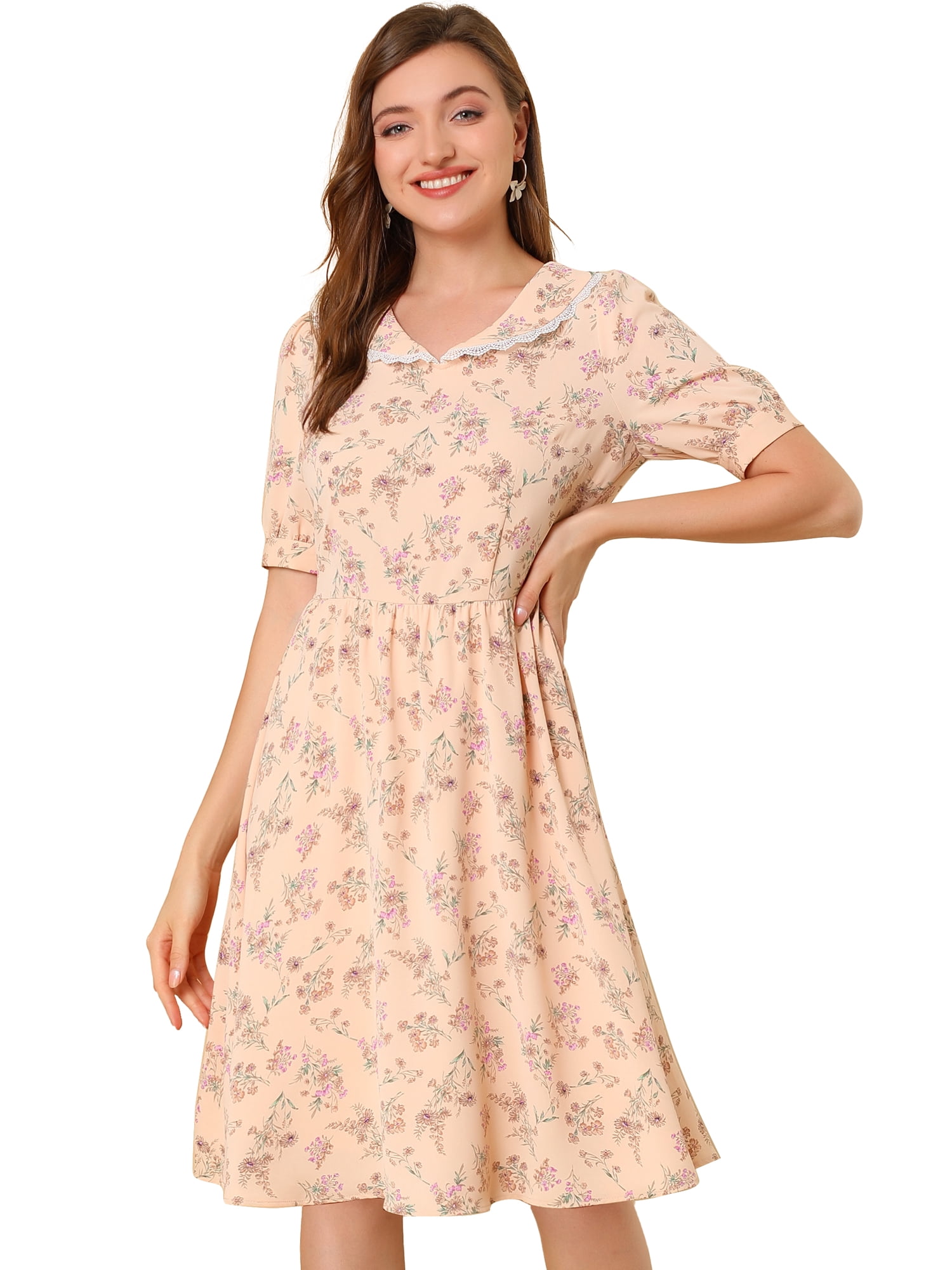 DARING DIVA Peter Pan Collar A-Line Flowy Midi Chiffon Floral Dress S Pink