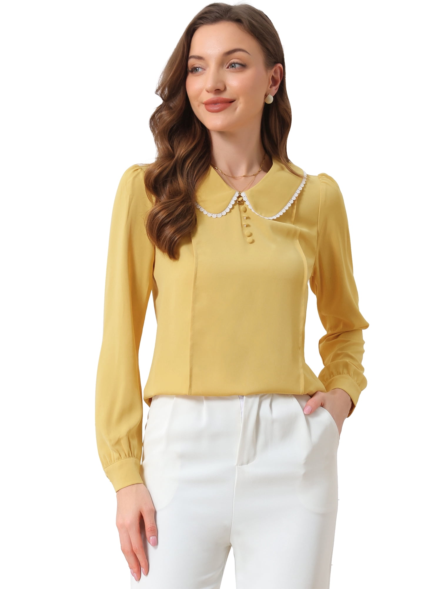 DARING DIVA Peter Pan Collar Button Decor Blouse S Bright Yellow