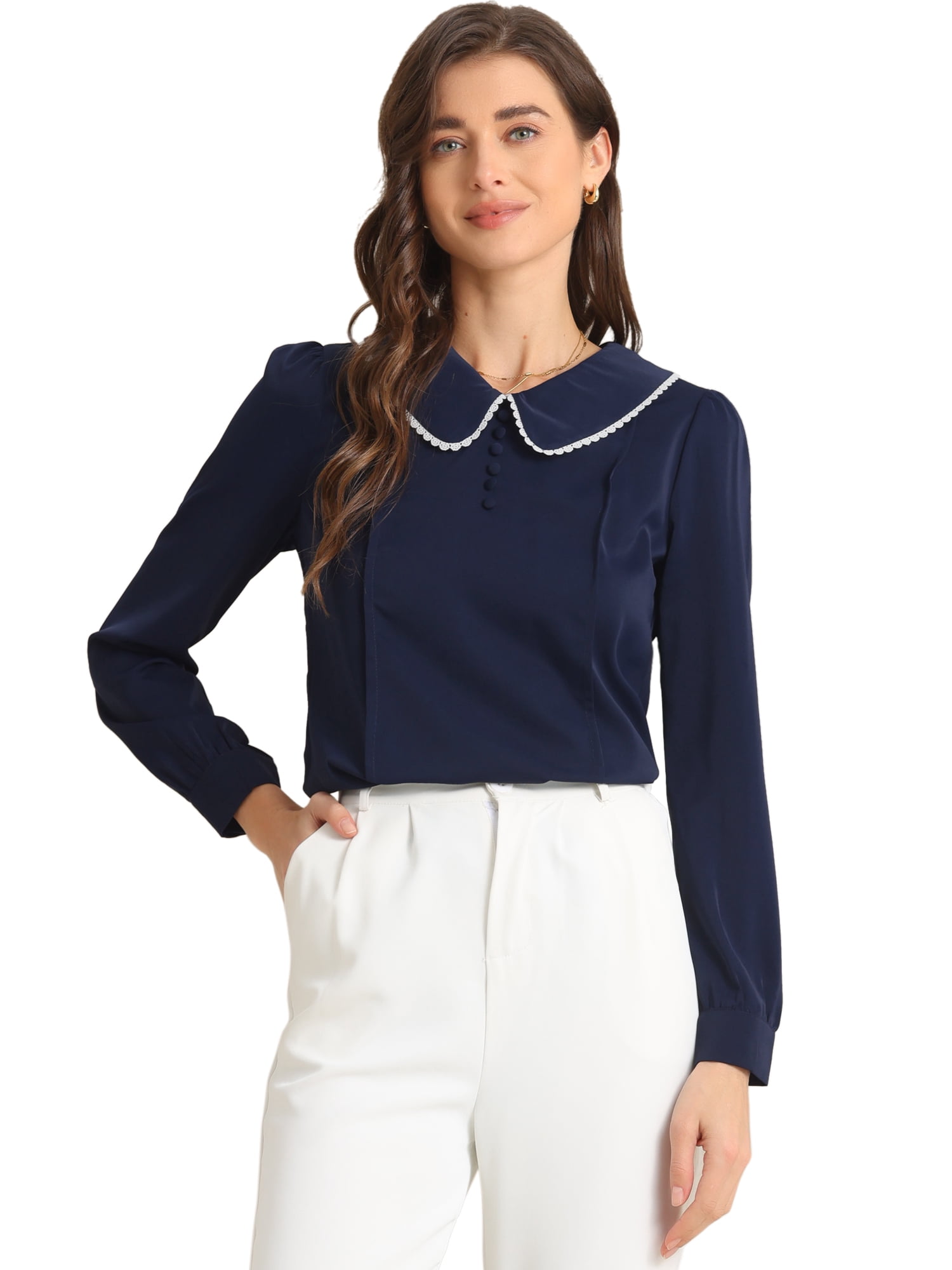 DARING DIVA Peter Pan Collar Button Decor Blouse XS Dark Blue