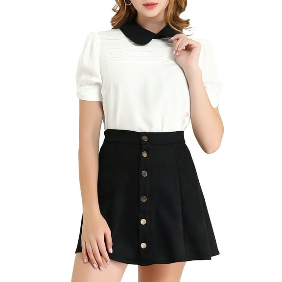 DARING DIVA Peter Pan Collar Contrast Puff Blouse Top L White