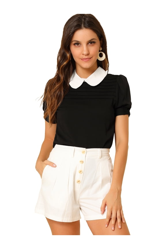 Peter Pan Collar Contrast Puff Blouse Top M Black