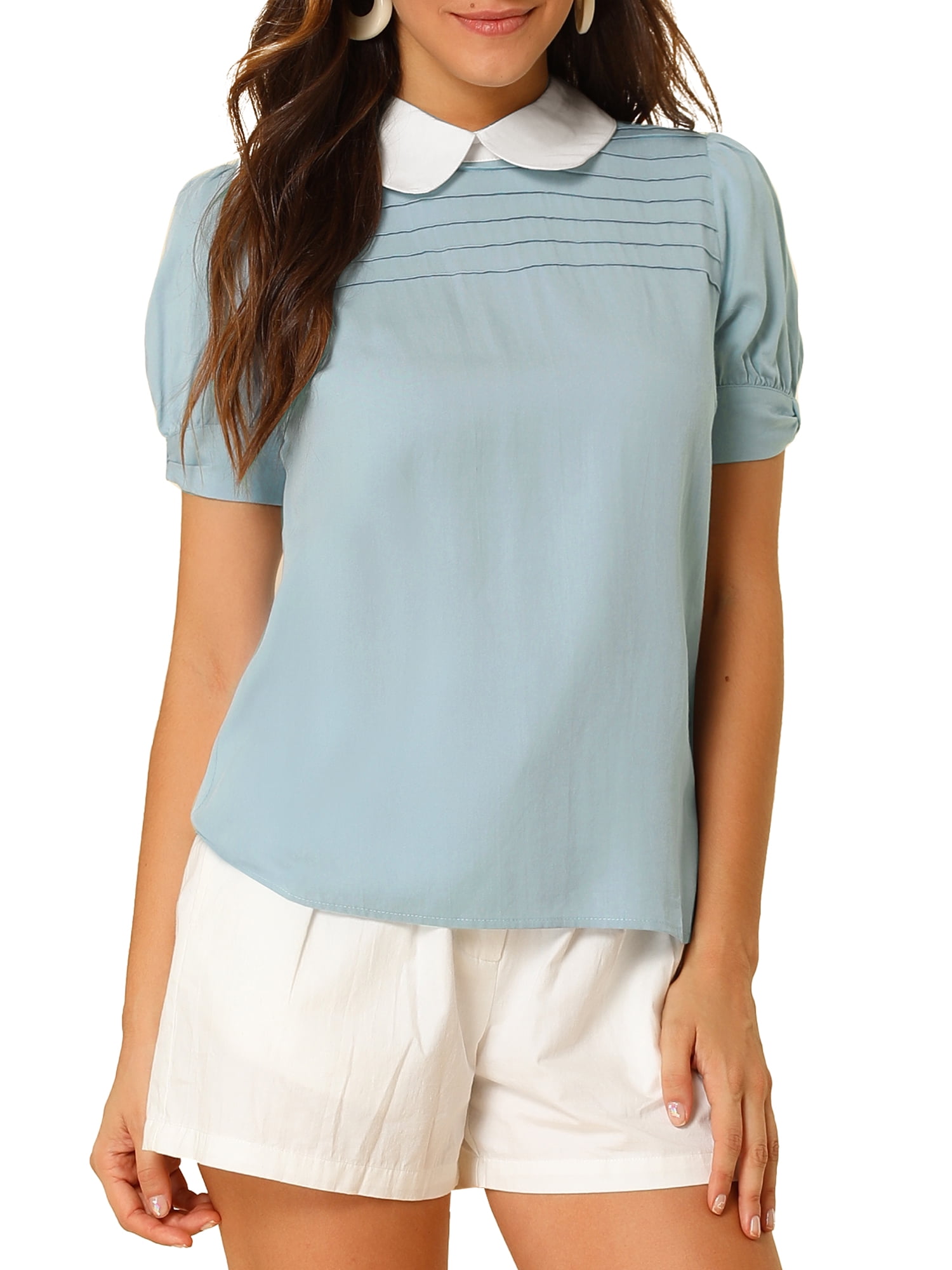 DARING DIVA Peter Pan Collar Contrast Puff Blouse Top M Blue