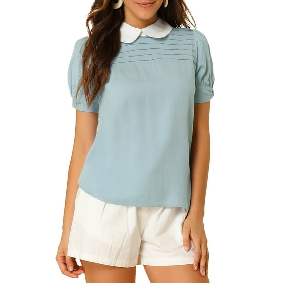 DARING DIVA Peter Pan Collar Contrast Puff Blouse Top M Blue