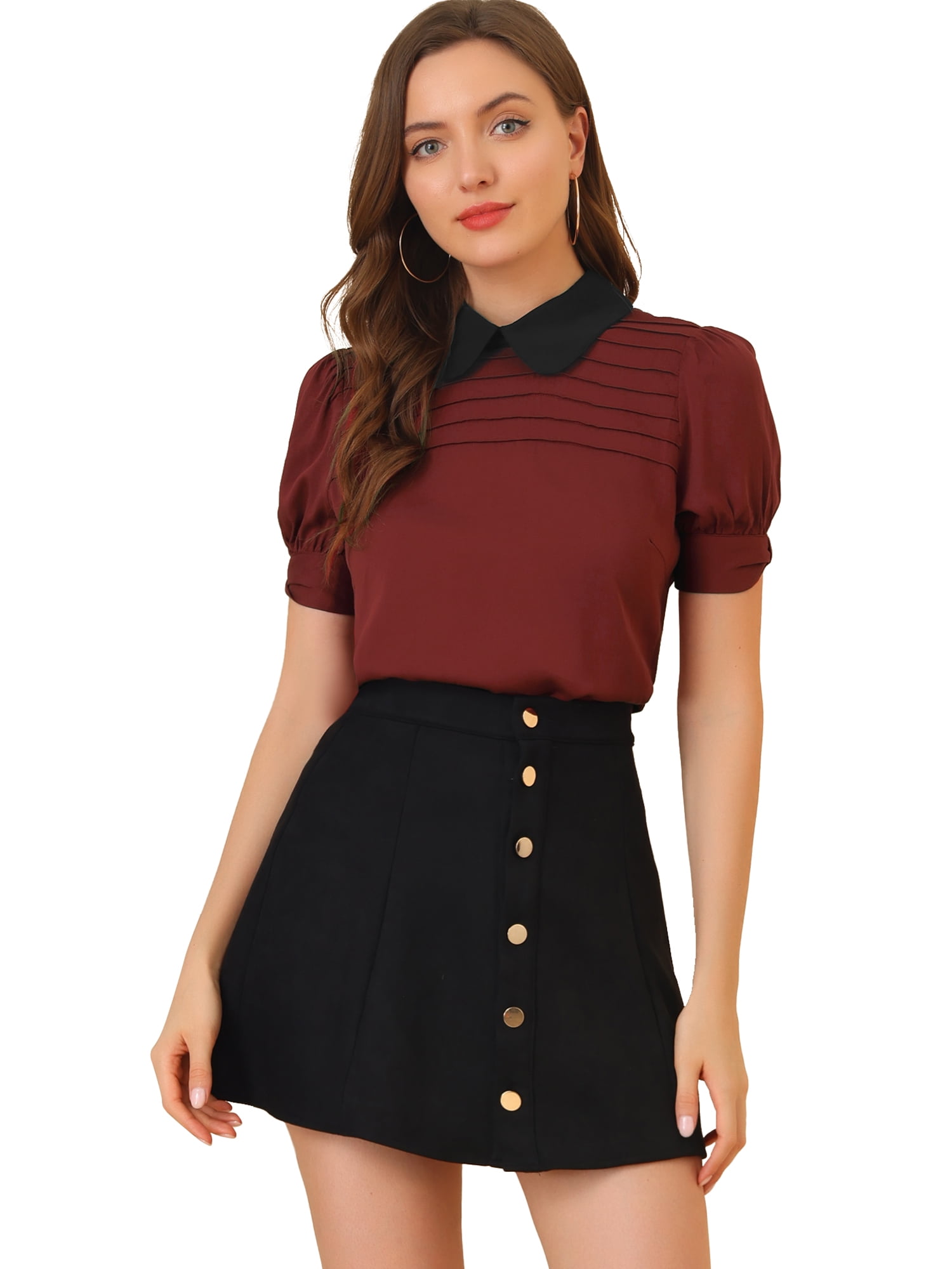 DARING DIVA Peter Pan Collar Contrast Puff Blouse Top S Burgundy