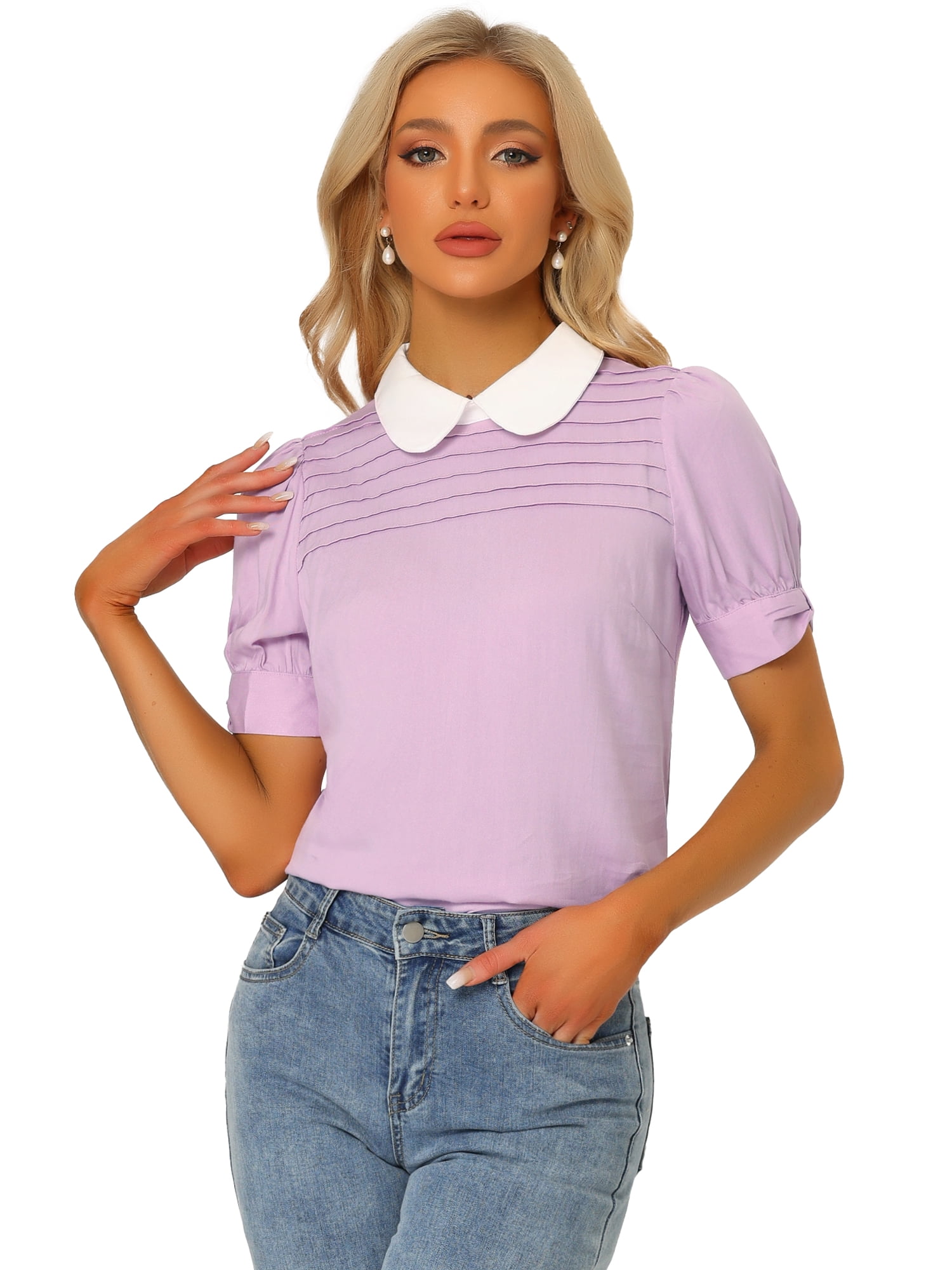 DARING DIVA Peter Pan Collar Contrast Puff Blouse Top S Light Purple