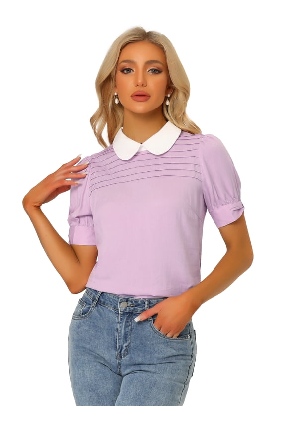 Peter Pan Collar Contrast Puff Blouse Top S Light Purple