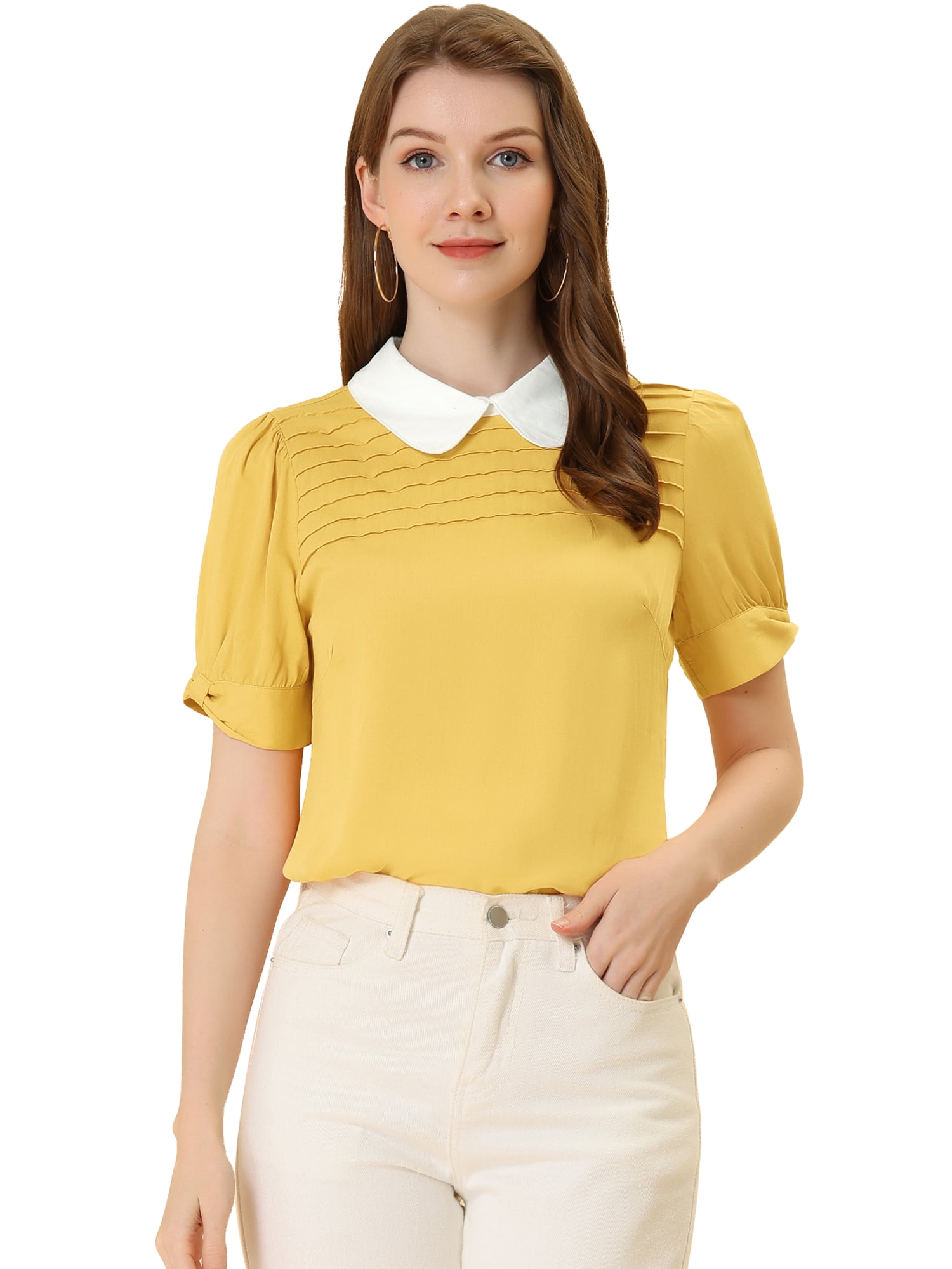 DARING DIVA Peter Pan Collar Contrast Puff Blouse Top S Light Yellow