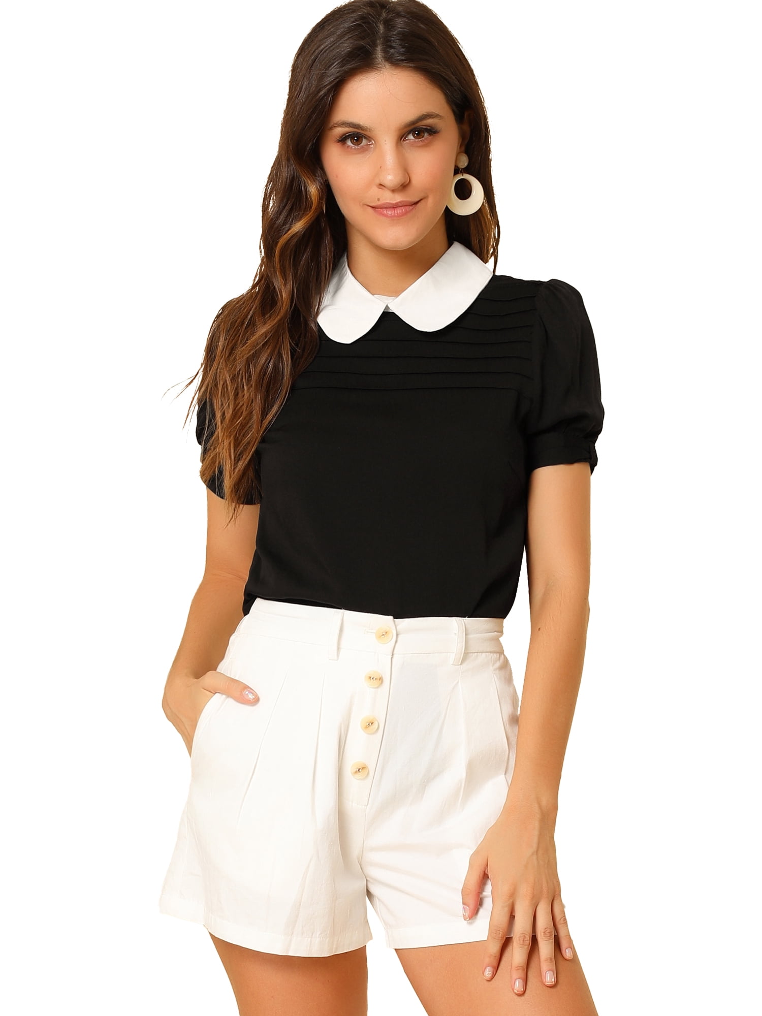 DARING DIVA Peter Pan Collar Contrast Puff Blouse Top XL Black