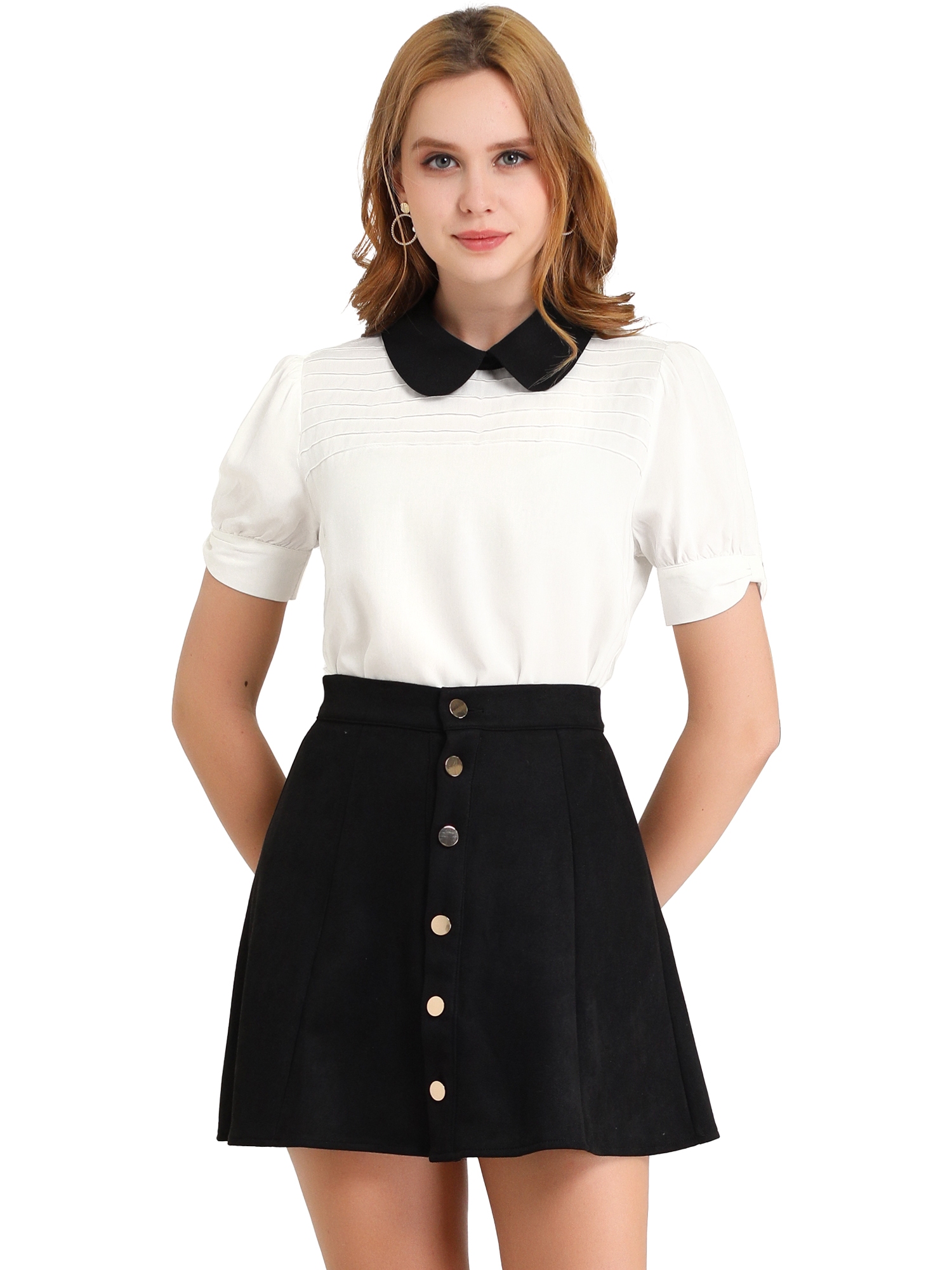 DARING DIVA Peter Pan Collar Contrast Puff Blouse Top XL White