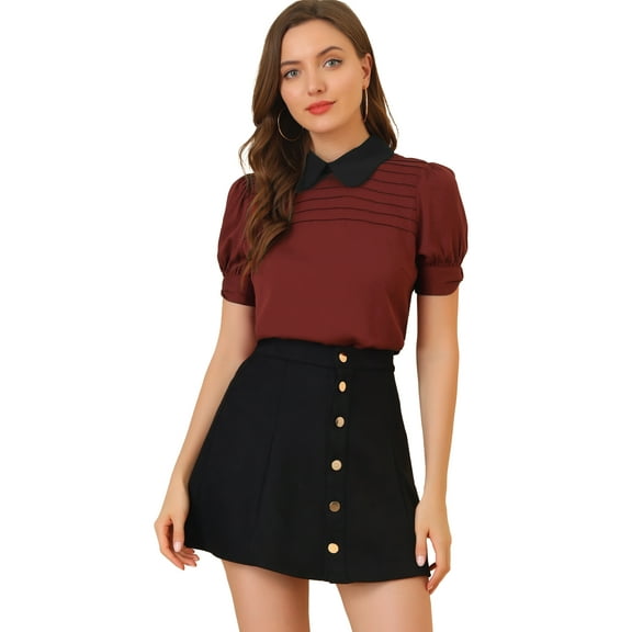 DARING DIVA Peter Pan Collar Contrast Puff Blouse Top XS Burgundy