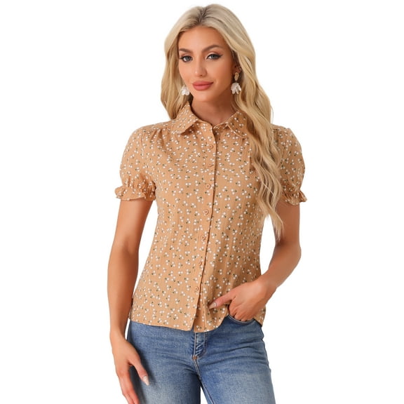 DARING DIVA Peter Pan Collar Cotton Short Sleeve Shirt S Light Orange