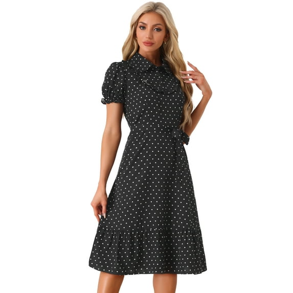 DARING DIVA Peter Pan Collar Heart Print Ruffled Dress S Black