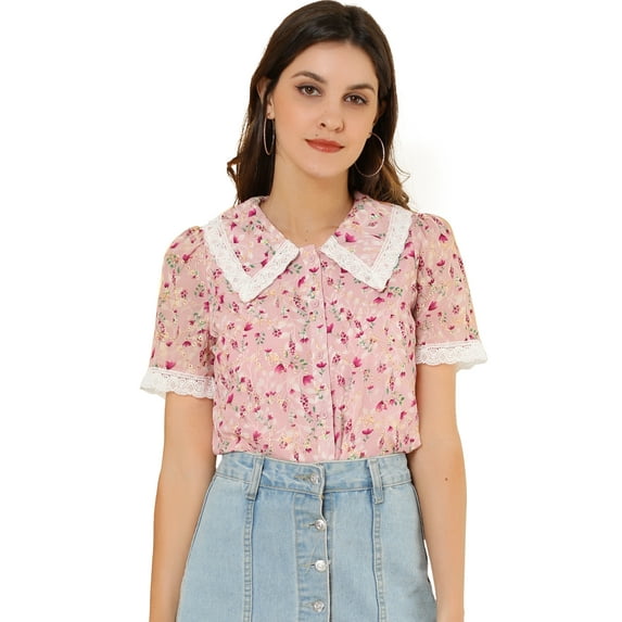 DARING DIVA Peter Pan Collar Lace Embroidered Shirt Blouse XS Pink