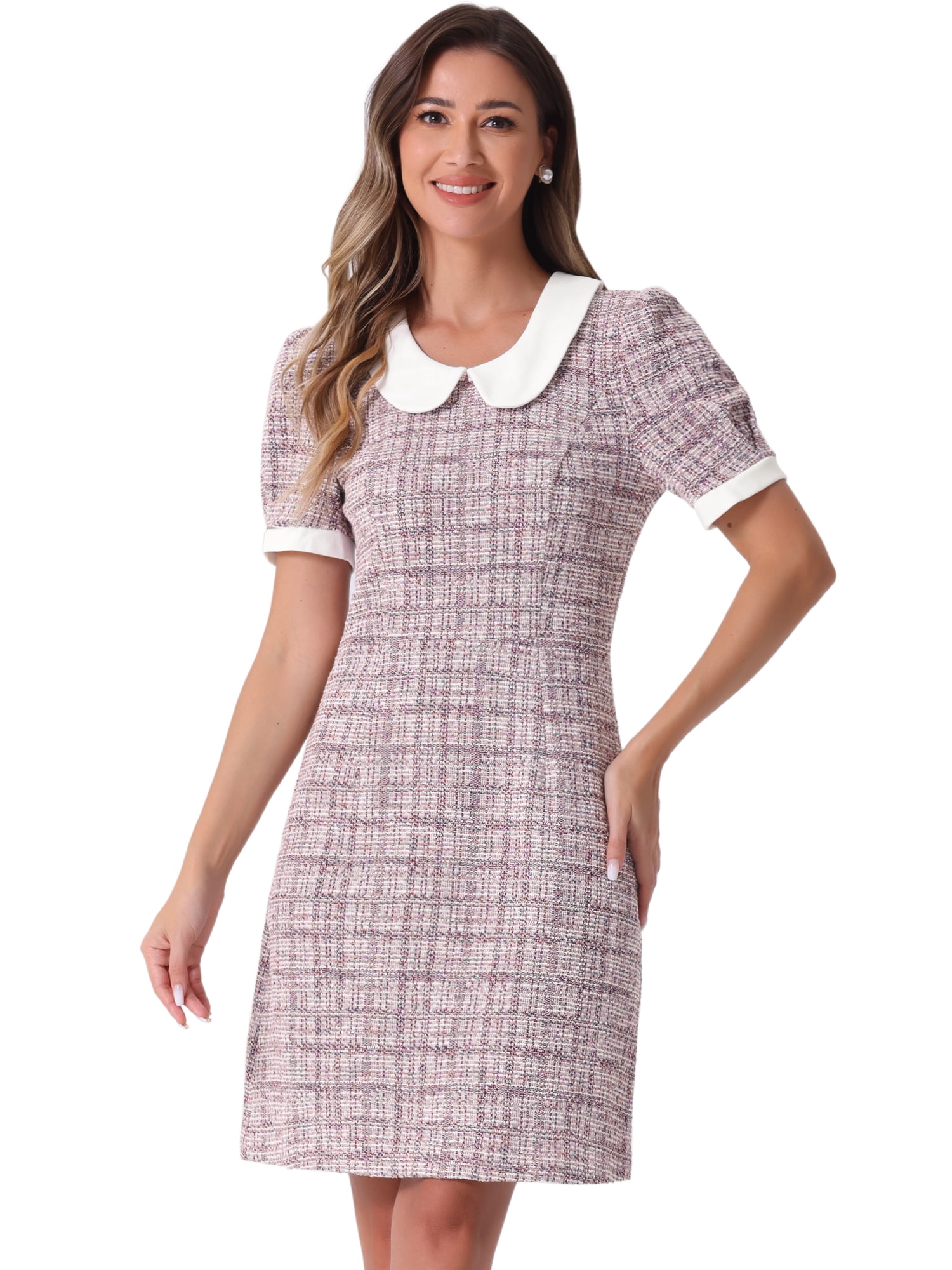 DARING DIVA Peter Pan Collar Plaid Puff Mini Tweed Dress L Pink