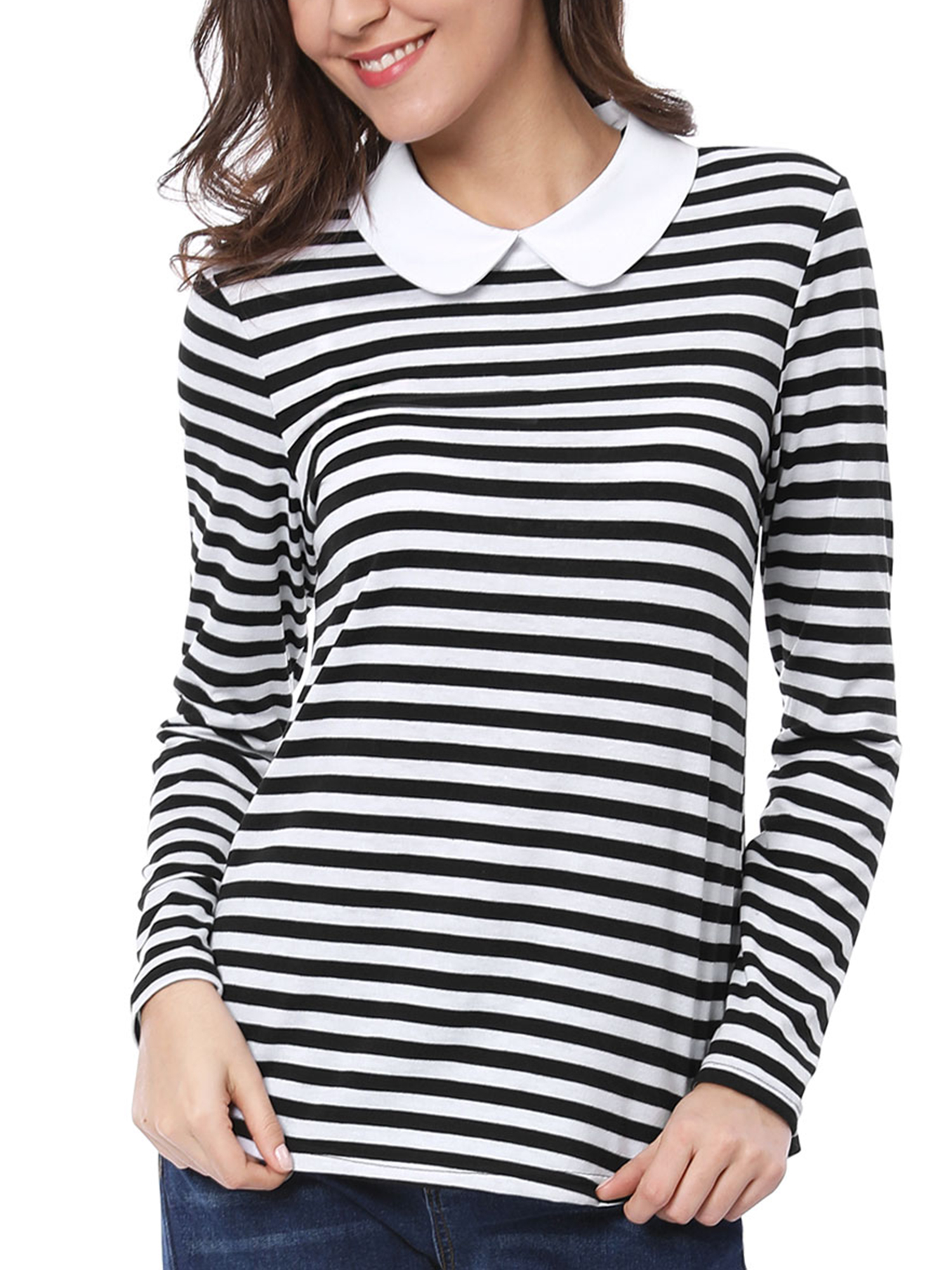DARING DIVA Peter Pan Collar Striped Top M Black