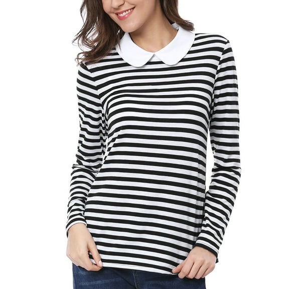 DARING DIVA Peter Pan Collar Striped Top M Black