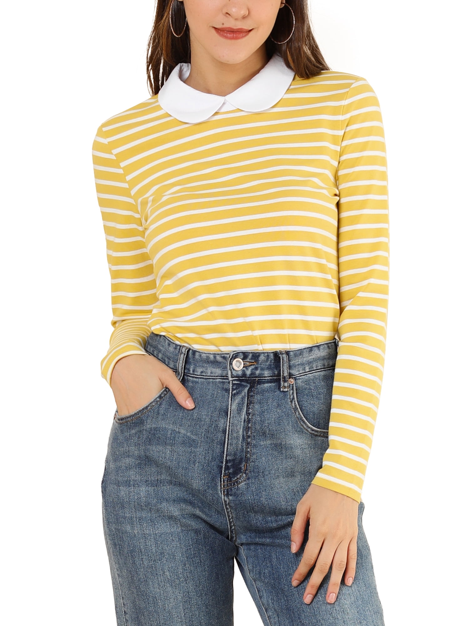 DARING DIVA Peter Pan Collar Striped Top M Yellow