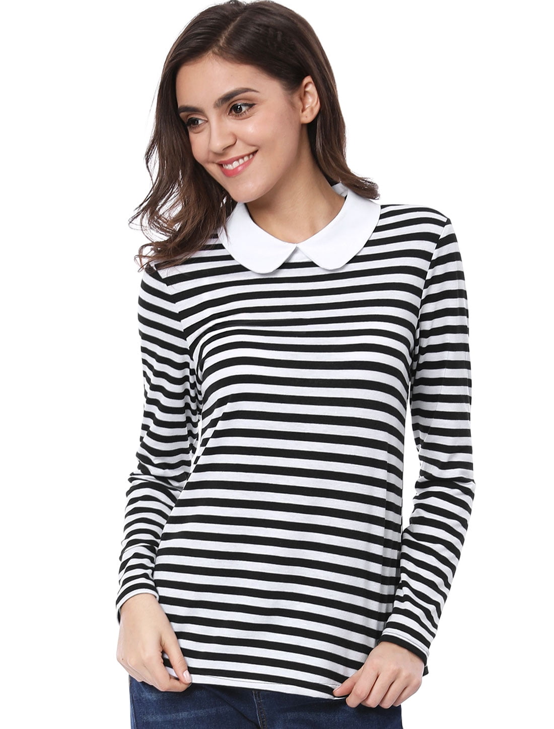 DARING DIVA Peter Pan Collar Striped Top S Black