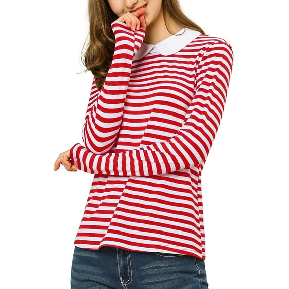 DARING DIVA Peter Pan Collar Striped Top XL Red