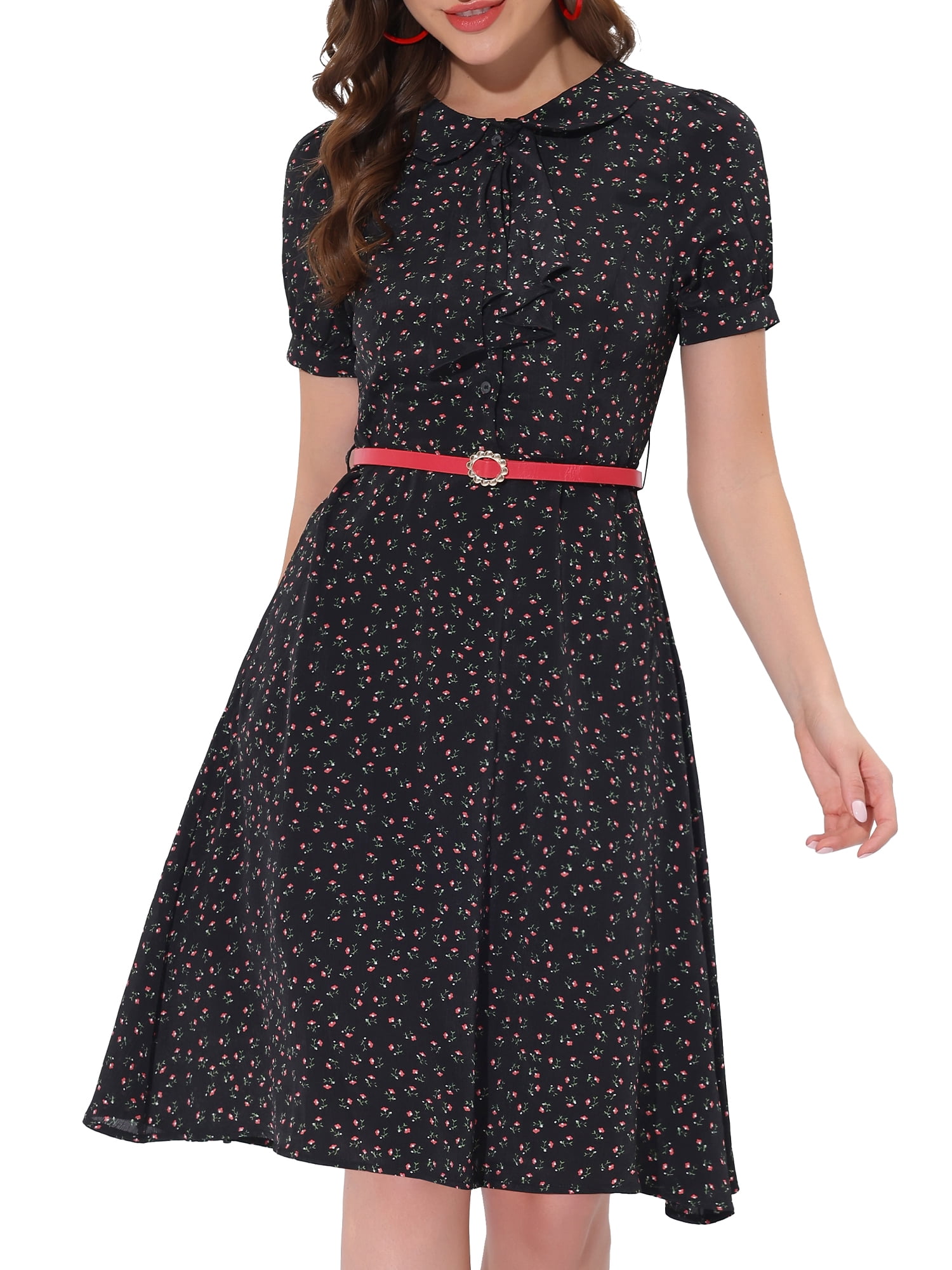 DARING DIVA Peter Pan Collar Tie Neck Elegant Floral Dress with Belt 3XL Black