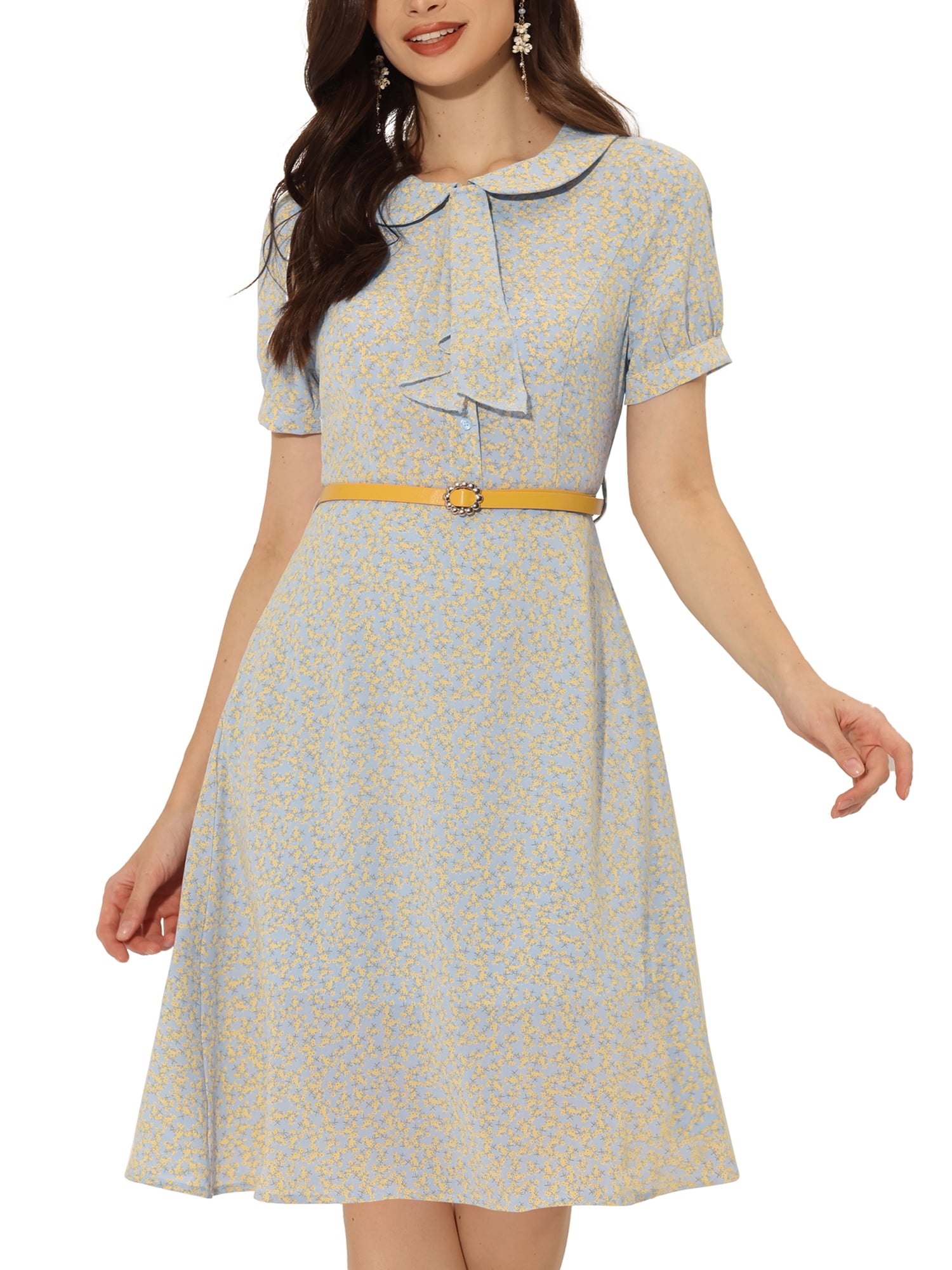 DARING DIVA Peter Pan Collar Tie Neck Elegant Floral Dress with Belt L Light Blue