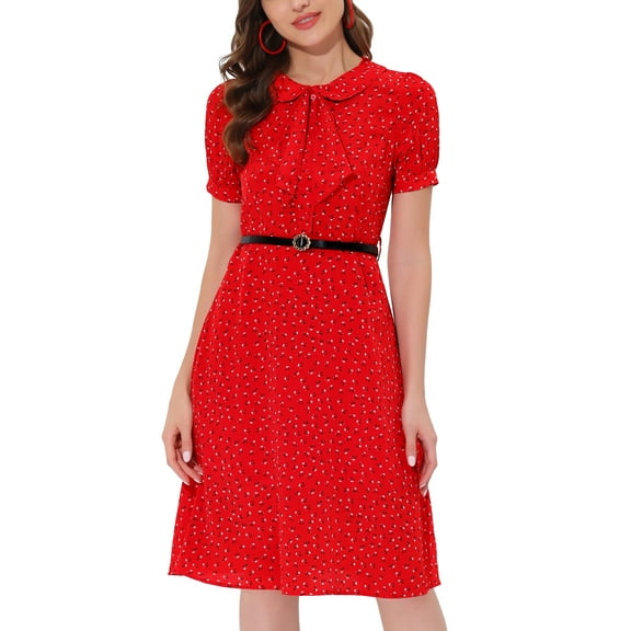 DARING DIVA Peter Pan Collar Tie Neck Elegant Floral Dress with Belt M Red