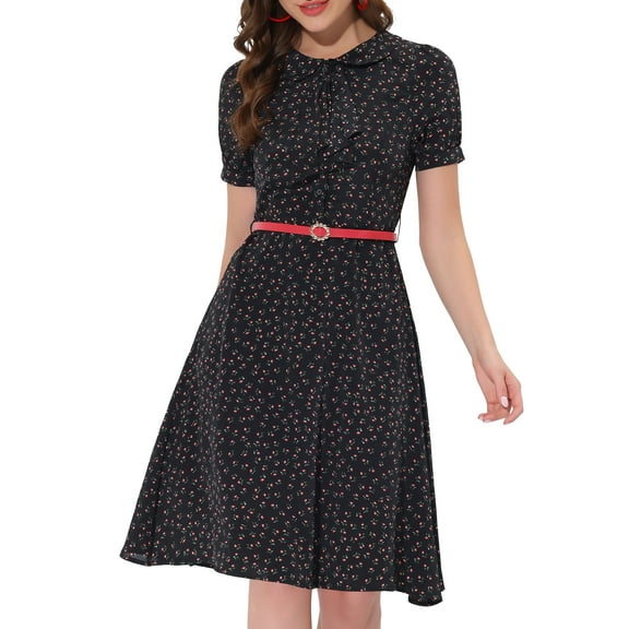 DARING DIVA Peter Pan Collar Tie Neck Elegant Floral Dress with Belt S Black