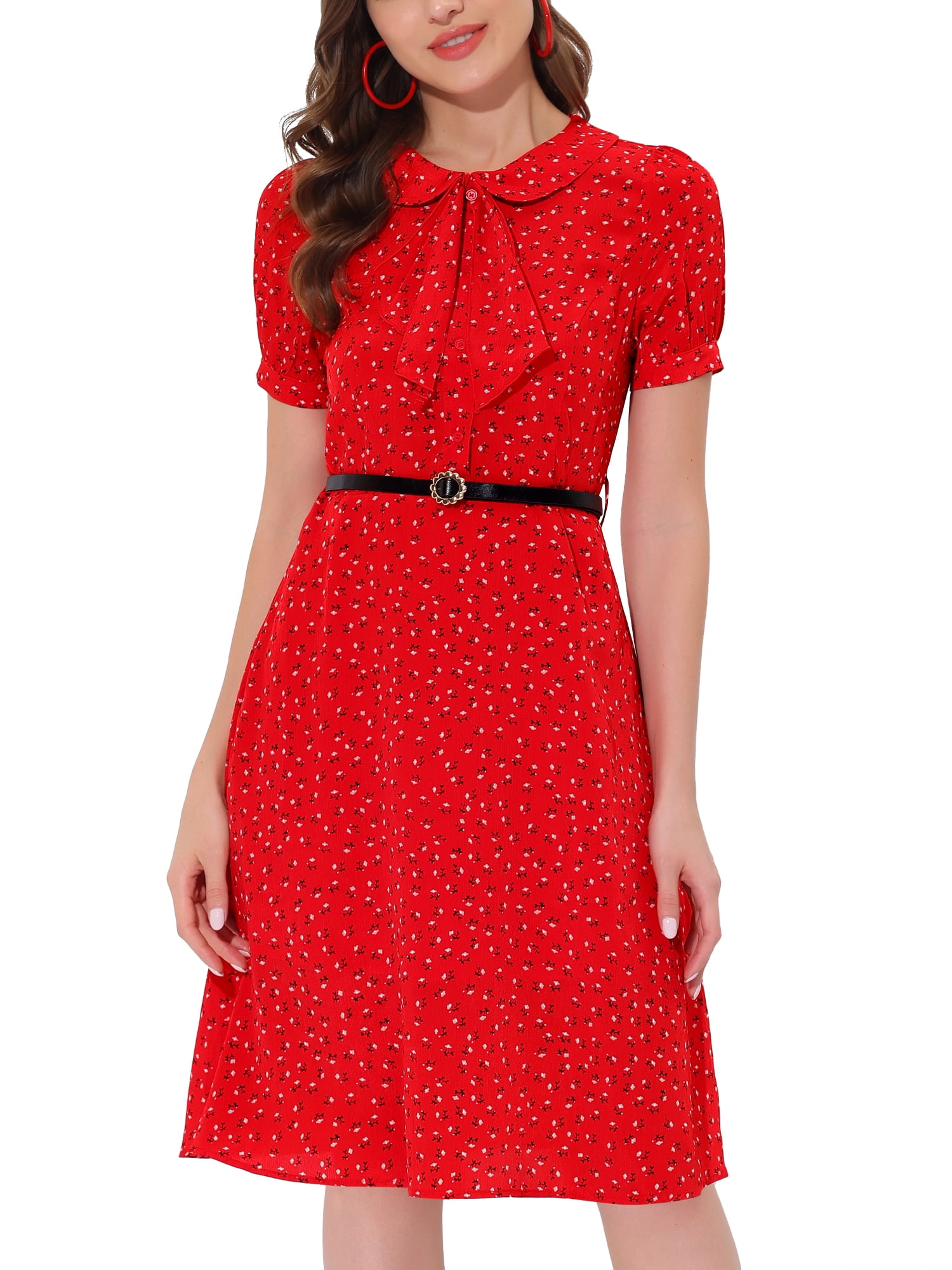 DARING DIVA Peter Pan Collar Tie Neck Elegant Floral Dress with Belt S Red