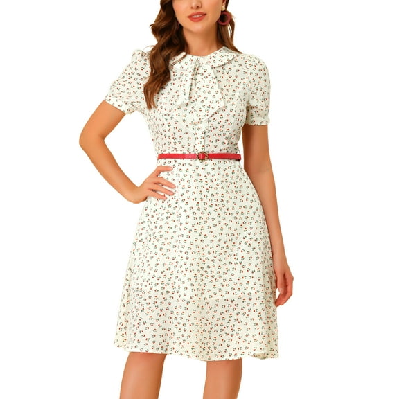 DARING DIVA Peter Pan Collar Tie Neck Elegant Floral Dress with Belt S White