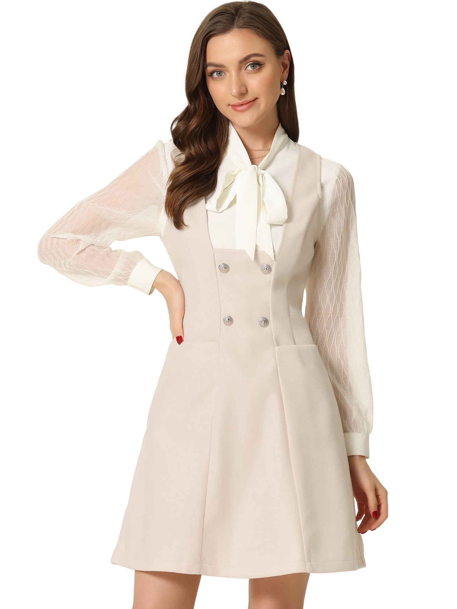 DARING DIVA Pinafore A-Line Double Breasted Overalls Suspenders M Beige