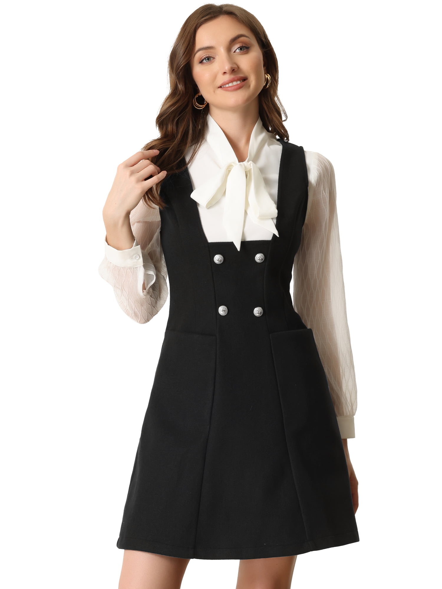 DARING DIVA Pinafore A-Line Double Breasted Overalls Suspenders M Black