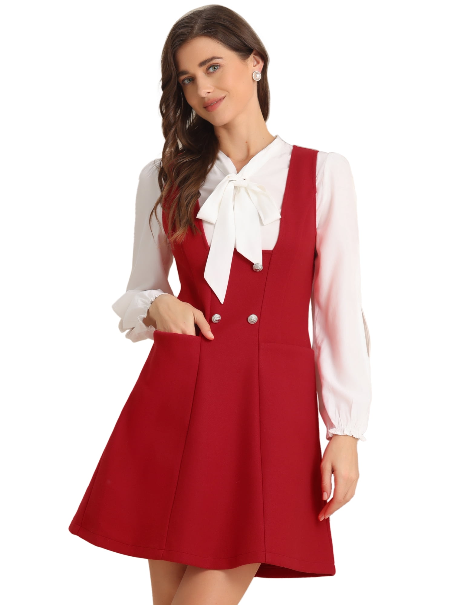 DARING DIVA Pinafore A-Line Double Breasted Overalls Suspenders M Red