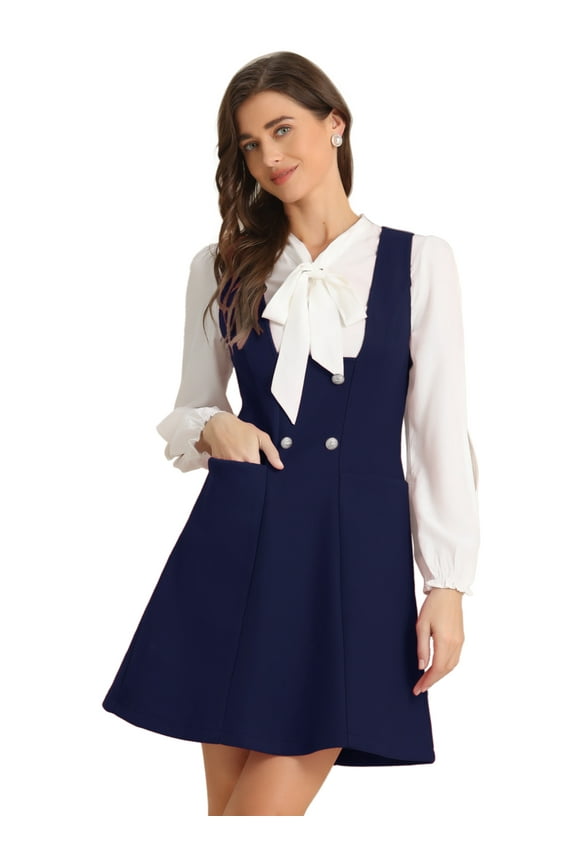 Pinafore A-Line Double Breasted Overalls Suspenders XL Deep Blue