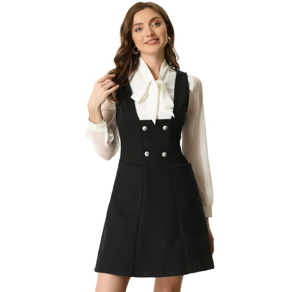 DARING DIVA Pinafore A-Line Double Breasted Overalls Suspenders XS Black