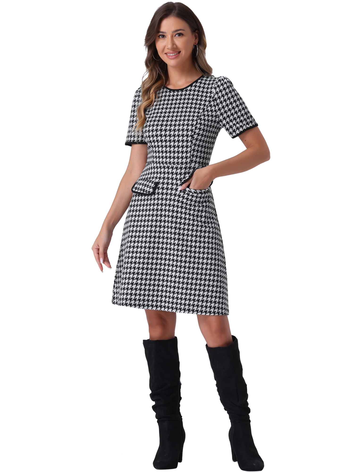 DARING DIVA Plaid A-Line Crewneck Contrast Trim Dress XL Black