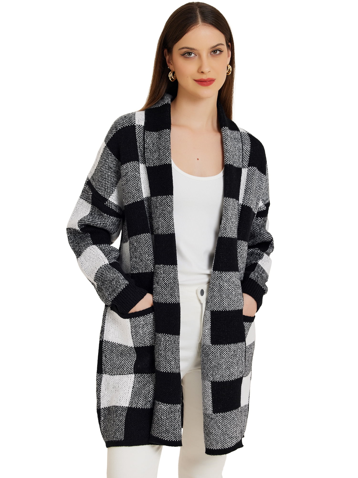 DARING DIVA Plaid Cardigan Long Sleeve Open Front Sweater XL Black