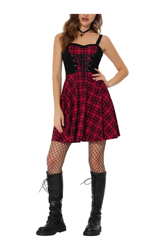 Plaid Lace Up Sweetheart Neck Sleeveless Flared Mini Dres S Red