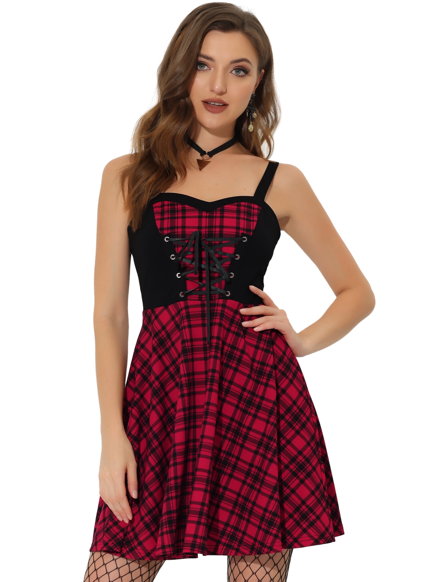 DARING DIVA Plaid Lace Up Sweetheart Neck Sleeveless Flared Mini Dres XS Red DARING DIVA Plaid Lace Up Sweetheart Neck Sleeveless Flared Mini Dres XS Red