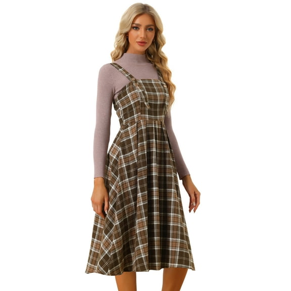 DARING DIVA Plaid Overalls Vintage Sleeveless A-Line Pinafore Dress M Brown