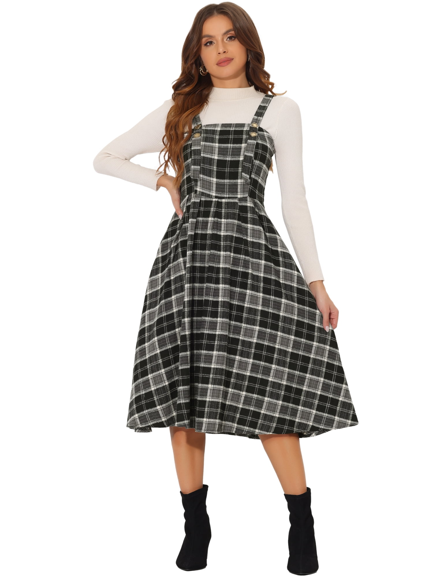 DARING DIVA Plaid Overalls Vintage Sleeveless A-Line Pinafore Dress S Black