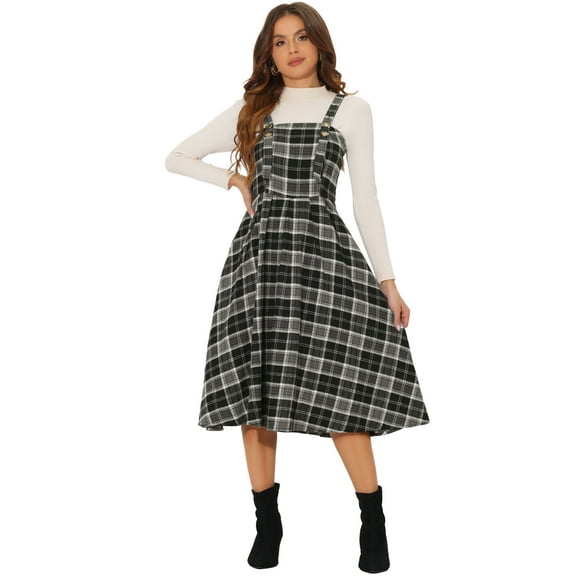 DARING DIVA Plaid Overalls Vintage Sleeveless A-Line Pinafore Dress S Black