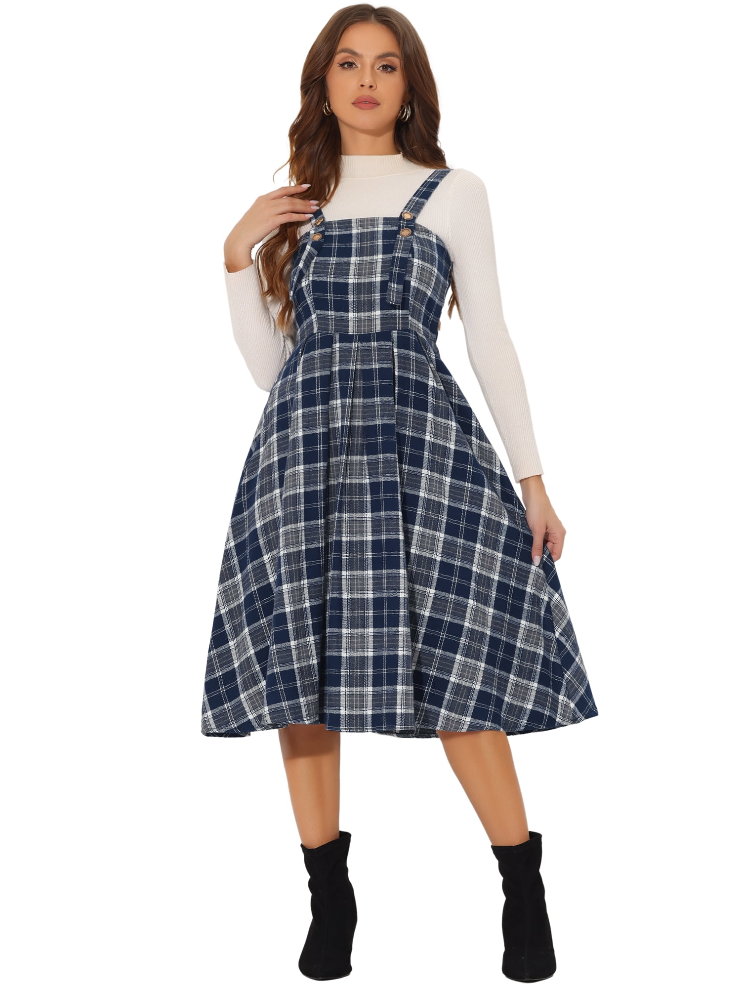 DARING DIVA Plaid Overalls Vintage Sleeveless A-Line Pinafore Dress XS Dark Blue