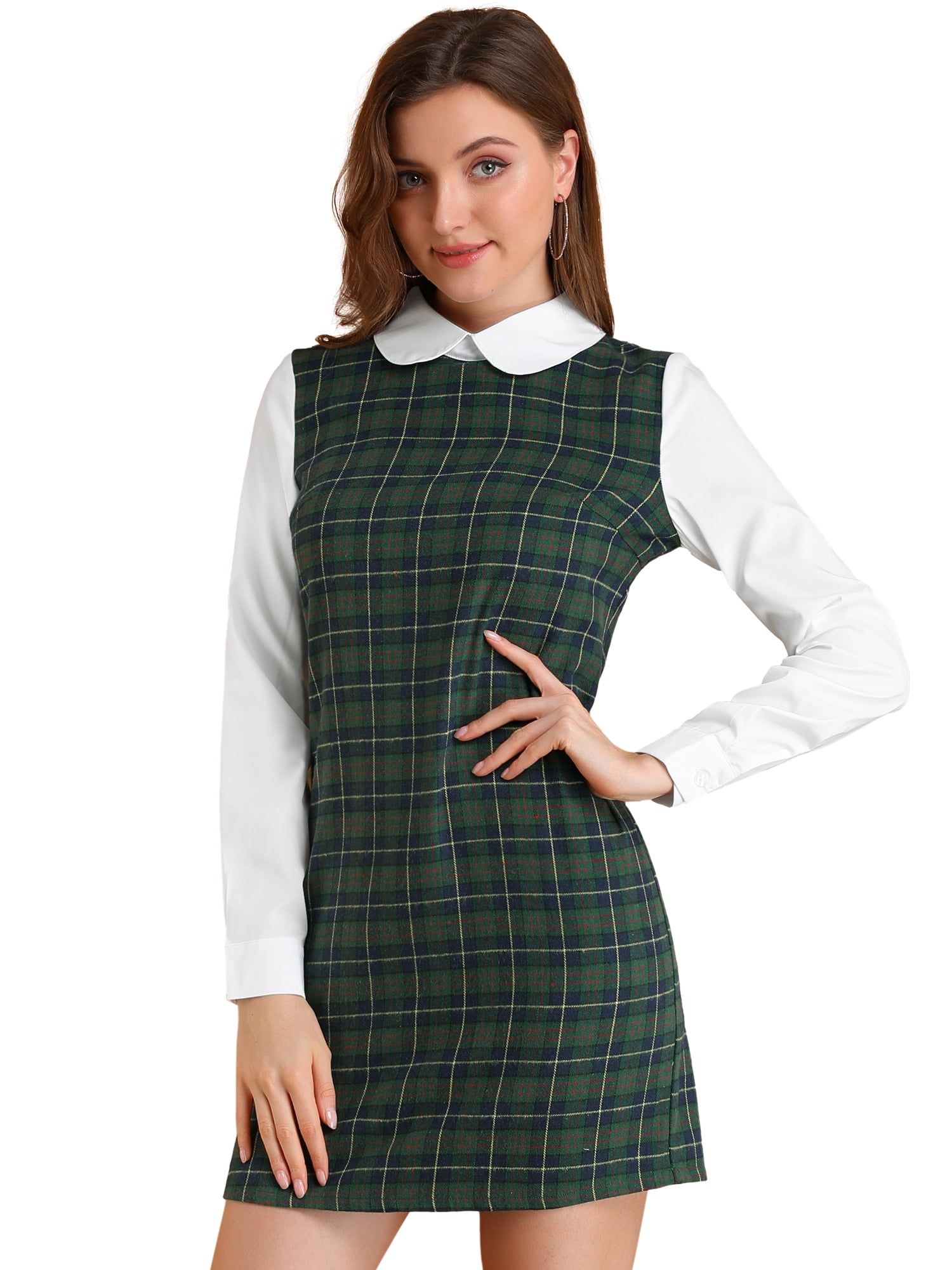 DARING DIVA Plaid Peter Pan Collar Long Sleeve Check Shift Dress 2XL Green Blue